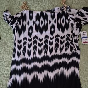 INC International Concepts Black and White Blouse with Gold Chain Straps